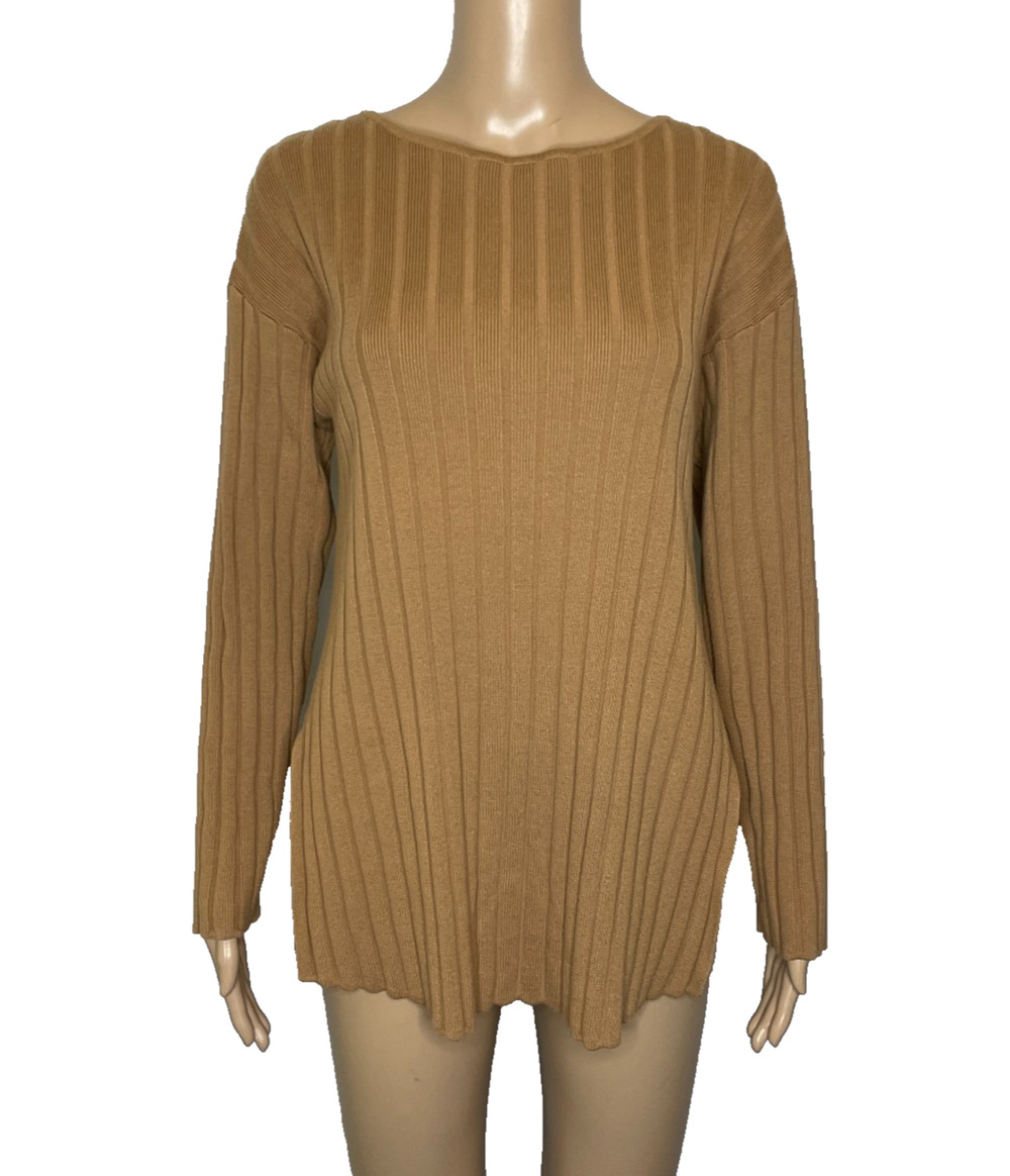 Women's S Moussy V-Neck Split Hem Brown Ribbed Long Sleeve Sweater 1